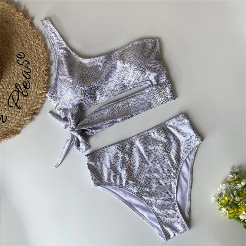 CLEARANCE Silver Crocodile Metallic One Shoulder Bikini - Picture 4 of 4